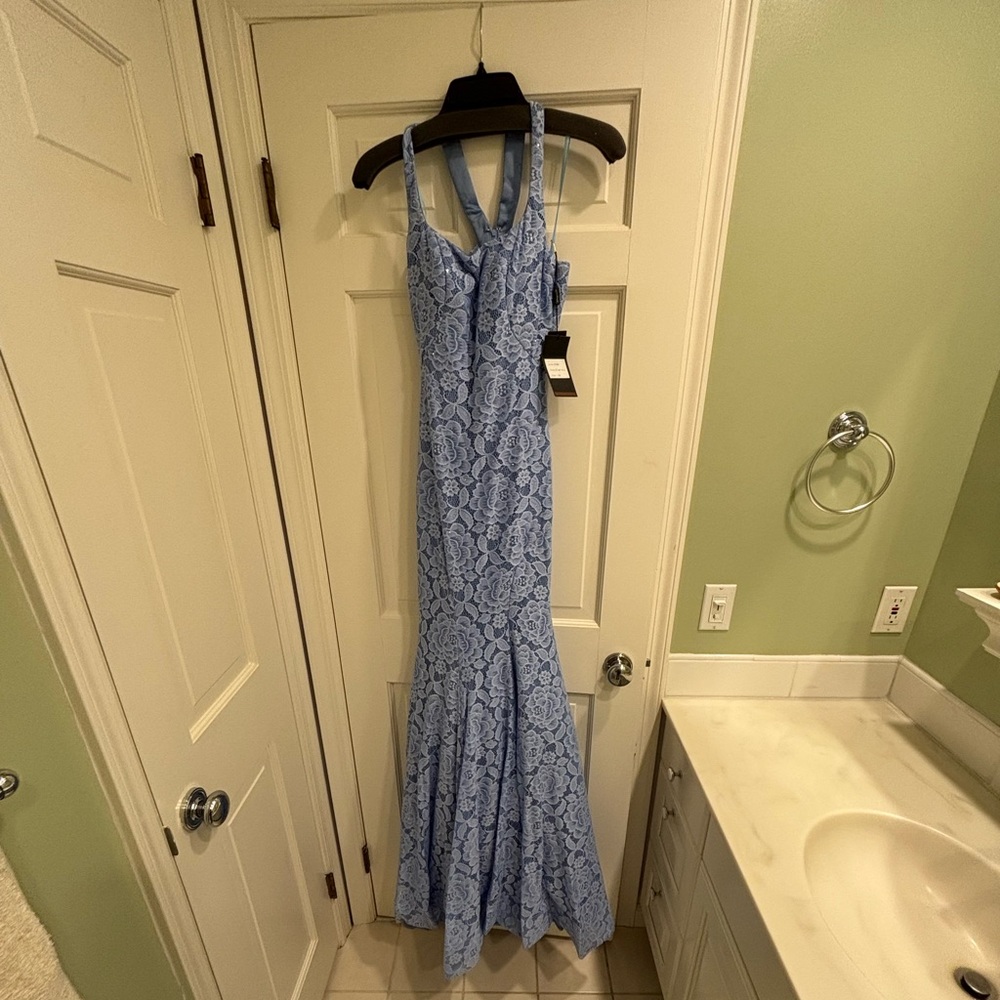 La Femme blue maxi mermaid dress with flowers and mini gems and an open back